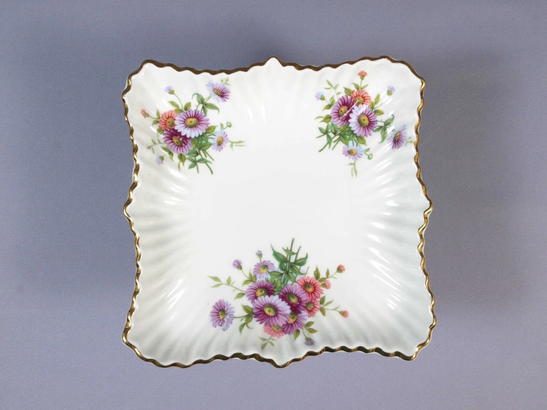 HAMMERSLEY Taza Pedestal Footed Cake Stand Dish Tray 4149 Flowers Purple Mums - 3
