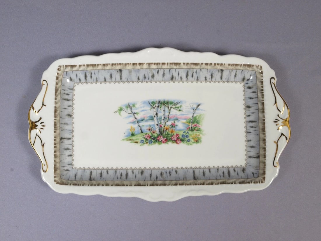Royal Albert Silver Birch Sandwich Dessert Cake Snack Tray Dish Platter England: This is one very beautiful Handled Round Snack Dessert Dish/TRAY/Platter from the famous Silver Birch Collection. The tray is made by Royal Albert in England. It is properly marked with Royal Albert b
