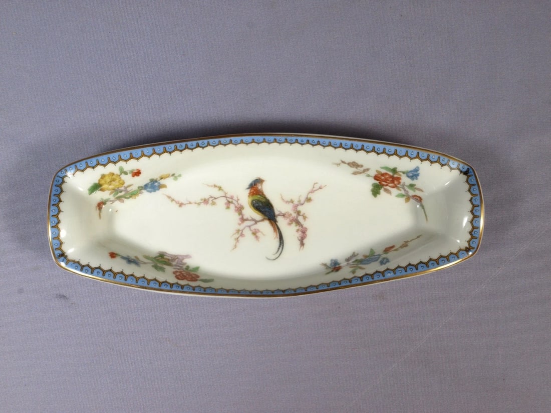 Limoges France HAVILAND PARADISE CELERY PICKLE Relish Olive Tray Platter: This is a rare and gorgeous Relish/Pickle Serving Tray/Dish made in Limoges, France by Theodore Haviland. The tray is 9 1/8" by 3 1/2". It is in good used antique condition with no chips, cracks or cr