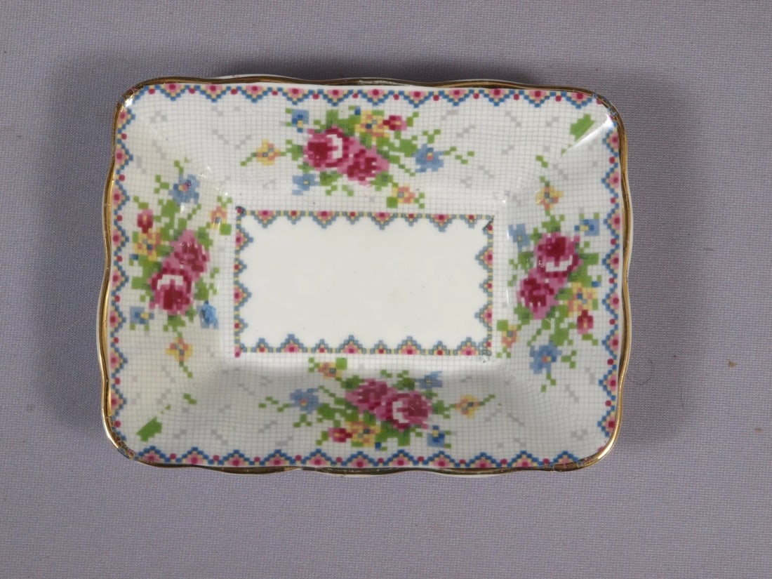 Royal Albert Bone China Petit Point Small Snack Candy Nuts Tray Dish England: This is a gorgeous Bone China Small Snack Tray/Dish, from the famous Royal Albert Petit Point Collection - Made in England. The pattern has very pretty delicate cross stitch roses in blue, green, blue