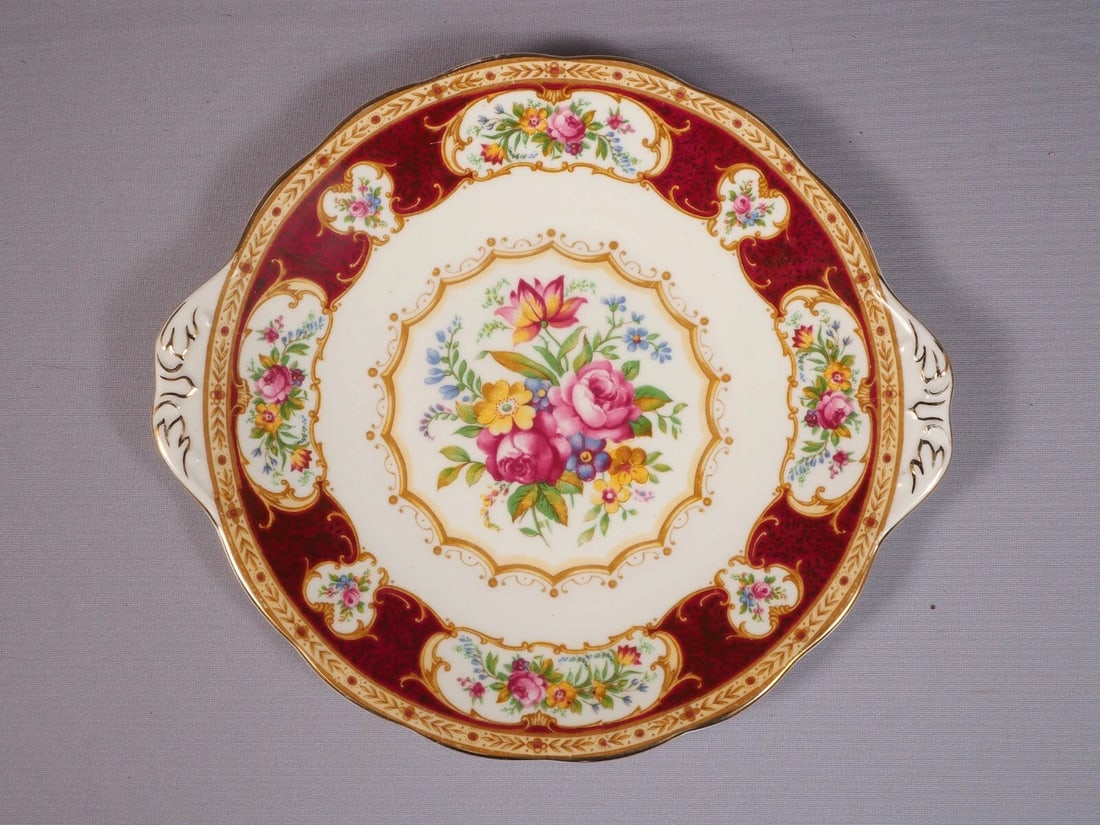 Royal Albert LADY HAMILTON Bone China Cake Snack Dessert Tray Dish 10 1/4": This is a gorgeous Bone China Handled Round Cake Snack Dessert Dish/TRAY/Platter. The dish is made by Royal Albert in England in Lady Hamilton pattern. It is properly marked with Royal Albert back sta