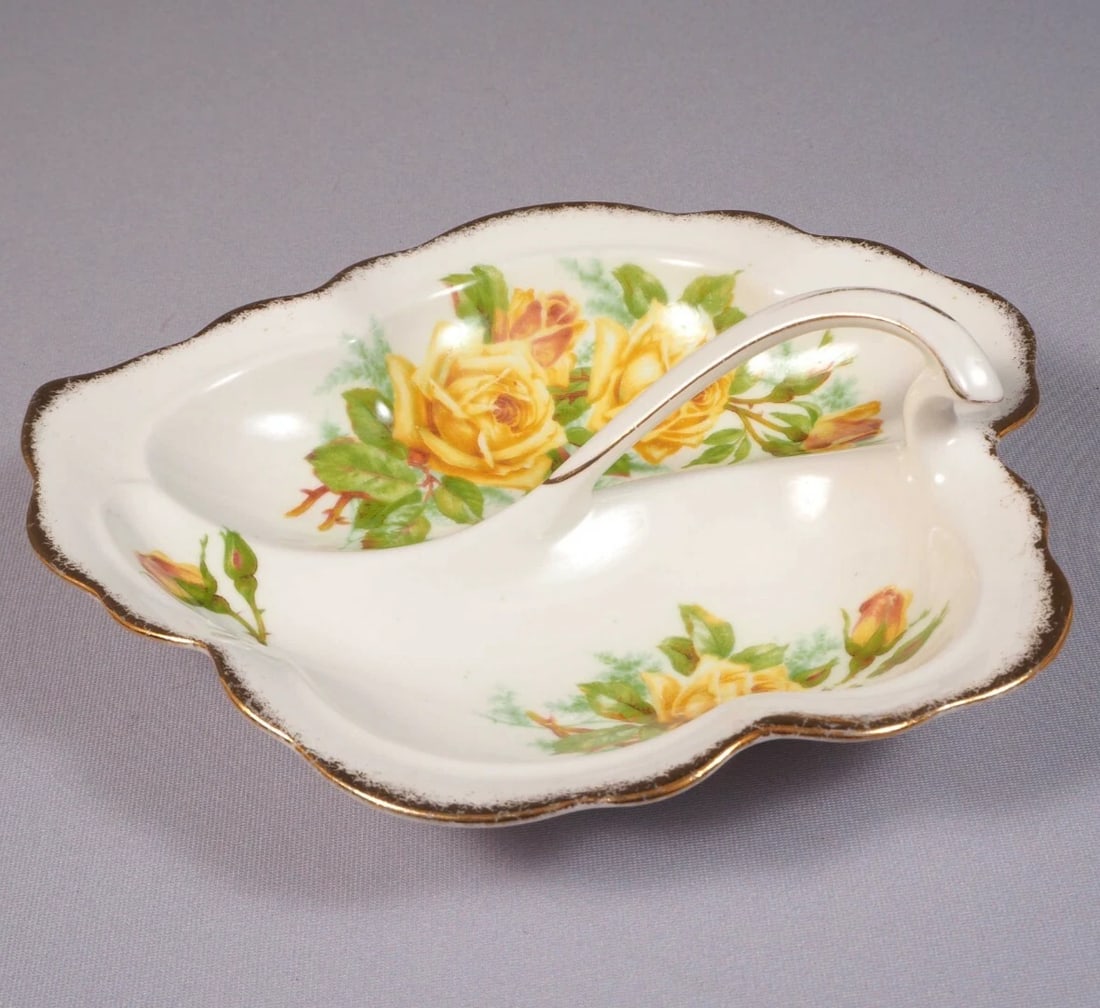Royal Albert Yellow Tea Rose Bone China Split Leaf Divided Bonbon Nuts Dish Tray: This is a rare and absolutely stunning Fine Bone China Split Leaf Divided Bonbon Nuts Dish/Tray. It is from the famous Yellow Tea rose Collection. The dish is made by Royal Albert in England. It is pr