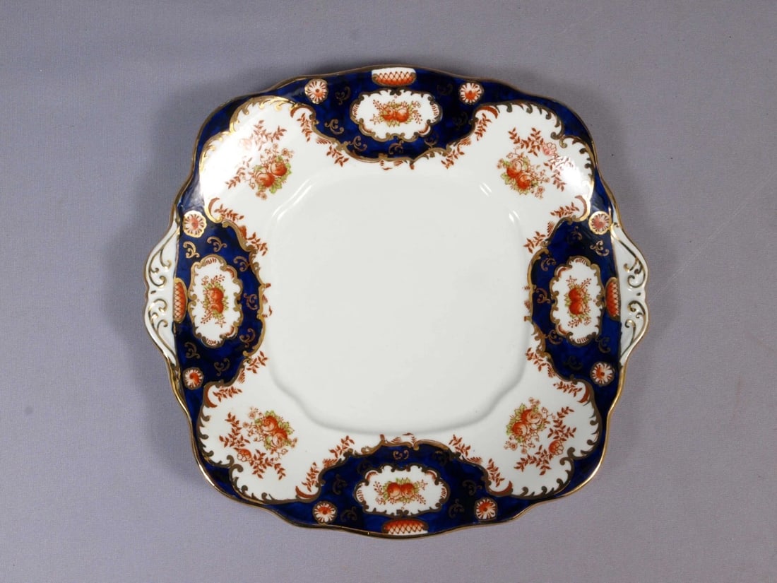 Royal Albert Crown China IMARI Cake Snack Tray Platter COBALT Blue Gold: This is a beautiful and timeless Dessert/Snack Serving Tray/Platter in a rare Unnamed Heirloom Pattern, made made by Royal Albert in England. The pattern is a lovely cobalt blue, rust and ivory Imari 