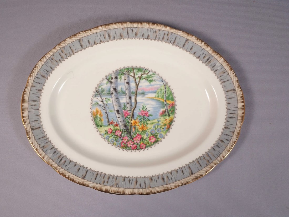 Royal Albert Silver Birch Bone China Oval Serving Platter England Smaller: This is one very beautiful Oval Serving Platter from the famous Silver Birch Collection. The platter is made by Royal Albert in England. It is properly marked with Royal Albert back stamp. The pattern