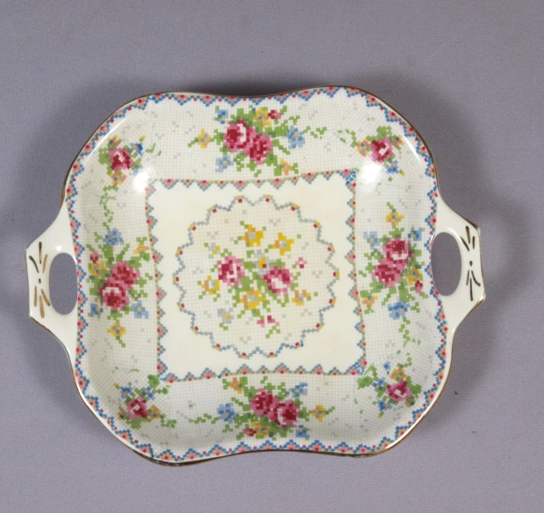 Royal Albert Bone China Petit Point Cake SANDWICH Snack TRAY DISH Square Handles: This is a small Bone China Large Cake Snack Tray/Dish, from the famous Royal Albert Petit Point Collection - Made in England. The pattern has very pretty delicate cross stitch roses in blue, green, bl