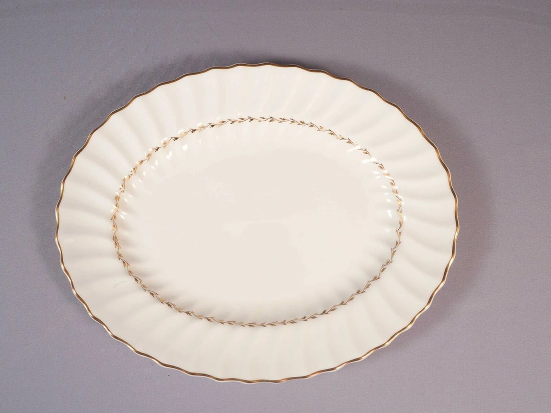 Royal Doulton Adrian Oval Serving Platter EXCELLENT England Gold White: This is a beautiful Oval Serving Platter from the Adrian pattern by Royal Doulton - Made in England. The platter is properly marked with Royal Doulton mark and name of the pattern. This pattern was pr