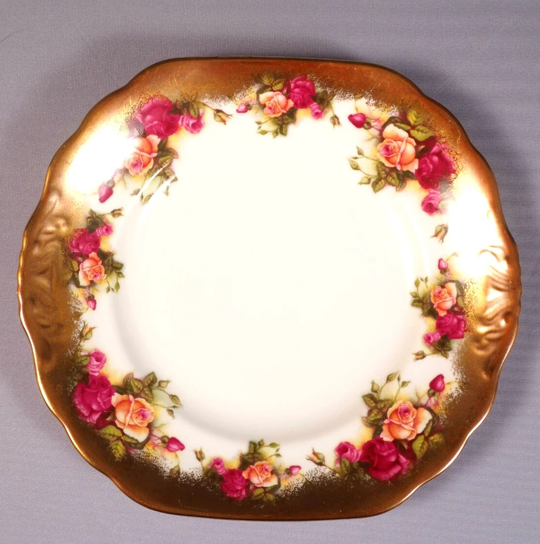Royal Chelsea GOLDEN ROSE Handled Cake Sandwich Tray Plate Vintage England: This a stunning Cake/Sandwich/Snacks Serving Platter/Tray made by Royal Chelsea in their most famous pattern Golden Rose. The tray is bone china and it is made in England The tray has yellow and red r