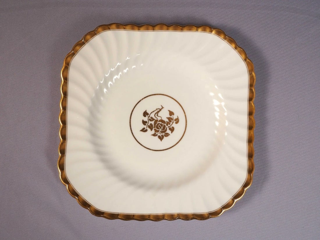 Minton GOLD ROSE LARGE Square Snack Cake Tray Platter 4680 Swirl Rim Gold Edge: This is one gorgeous Bone China Square Cake/Snack Tray/Platter, from the famous GOLD ROSE collection by Minton - Made in England. The pattern is with swirling shape, gold edge and gold rose in the cen