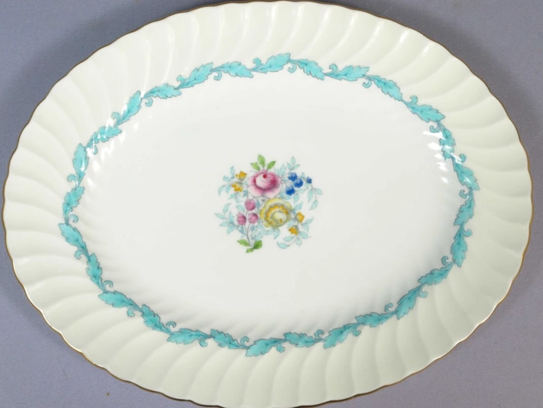 Minton Ardmore Oval Serving Platter Vintage England Blue Flowers: This is a gorgeous Oval Serving Platter from the famous Ardmore pattern by Minton - Made in England. The pattern is with swirling shape, turquoise leaves, and flowers. The platter is properly marked w