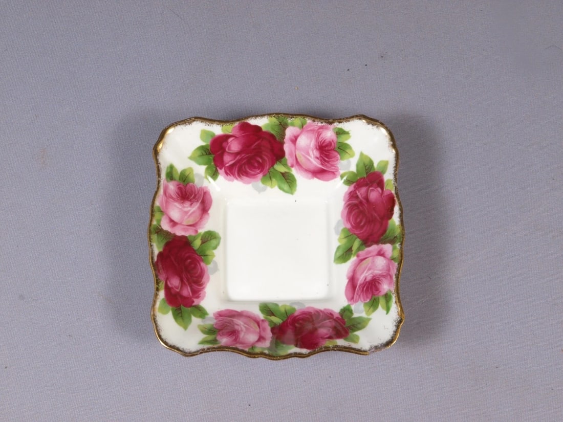 Royal Albert Tea Old English Roses quare Nut Candy Snack Dish England Square: This is a gorgeous Bone China Nut/Candy Trinket Dish/Tray made by Royal Albert in England in Old English Rose pattern. It is properly marked with Royal Albert Crown China back stamp. The pattern is