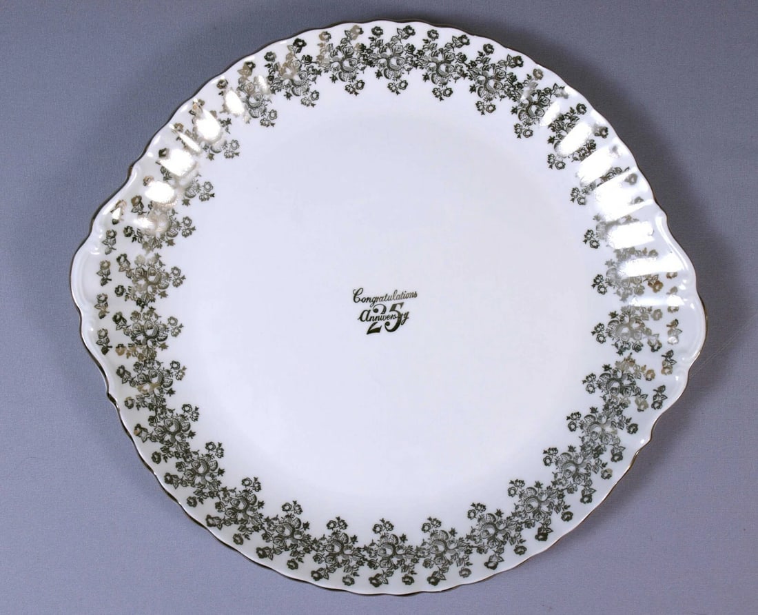 Royal Albert 25th SILVER Anniversary Handled Round Cake Snack Dessert Tray Dish: This is one very beautiful Handled Round Cake Snack Dessert Dish/TRAY/Platter from the 25th Silver Anniversary Collection. The dish is made by Royal Albert in England. It is properly marked with
