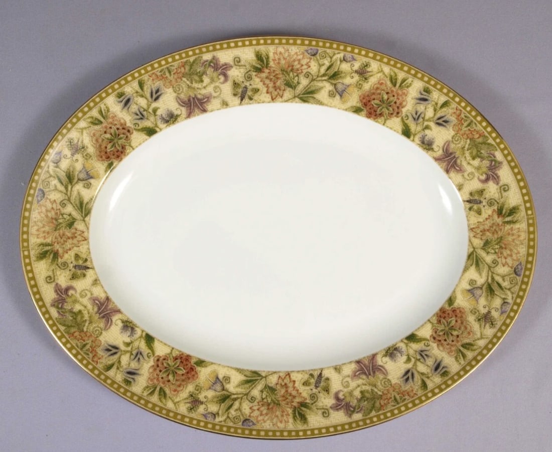 Wedgwood Floral Tapestry LARGE Oval Serving Platter England PERFECT: This is a stunning Oval Serving Platter made by Wedgwood in the stylish Floral Tapestry pattern. The platter features a gold rim and multicolor floral. The small bread plates are with floral bouquet i