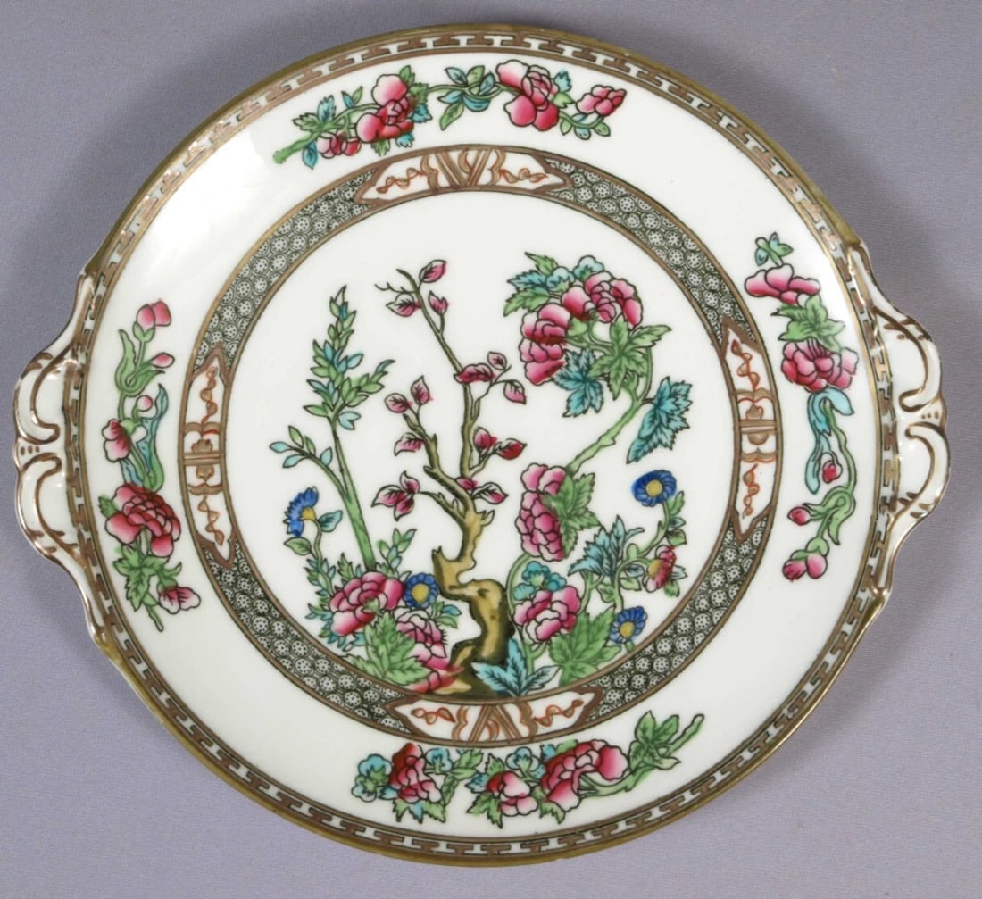 VINTAGE Coalport Indian Tree Cake SANDWICH Snack TRAY DISH Round Handles England: This is one exceptional Cake/Snack Tray/Plate that was made by Coalport, England in the famous Indian tree pattern. The pattern includes the crooked, coral-like branches of a leafy, flowering tree set