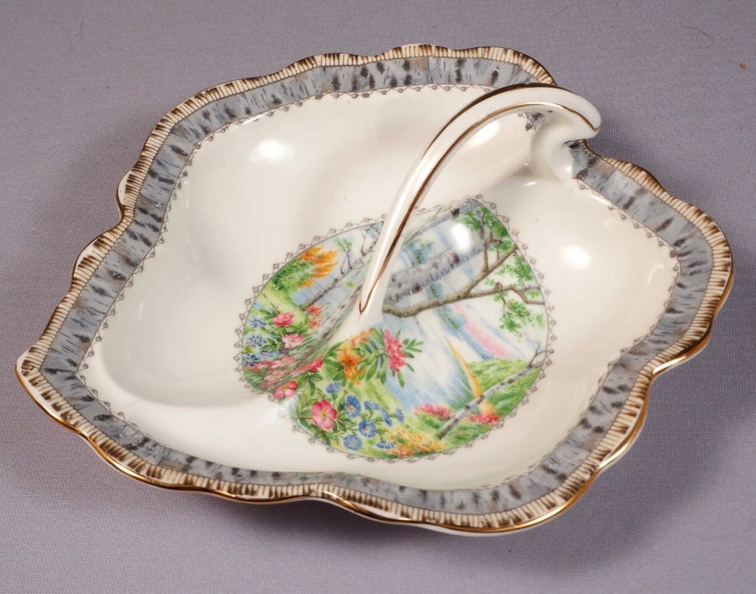 Royal Albert Silver Birch Serving Split Leaf Divided Bonbon Nuts Dish Tray: This is a Split Leaf Divided Bonbon Nuts Dish/Tray from the Silver Birch Collection. The dish is made by Royal Albert in England. It is properly marked with Royal Albert back stamp. The pattern has be
