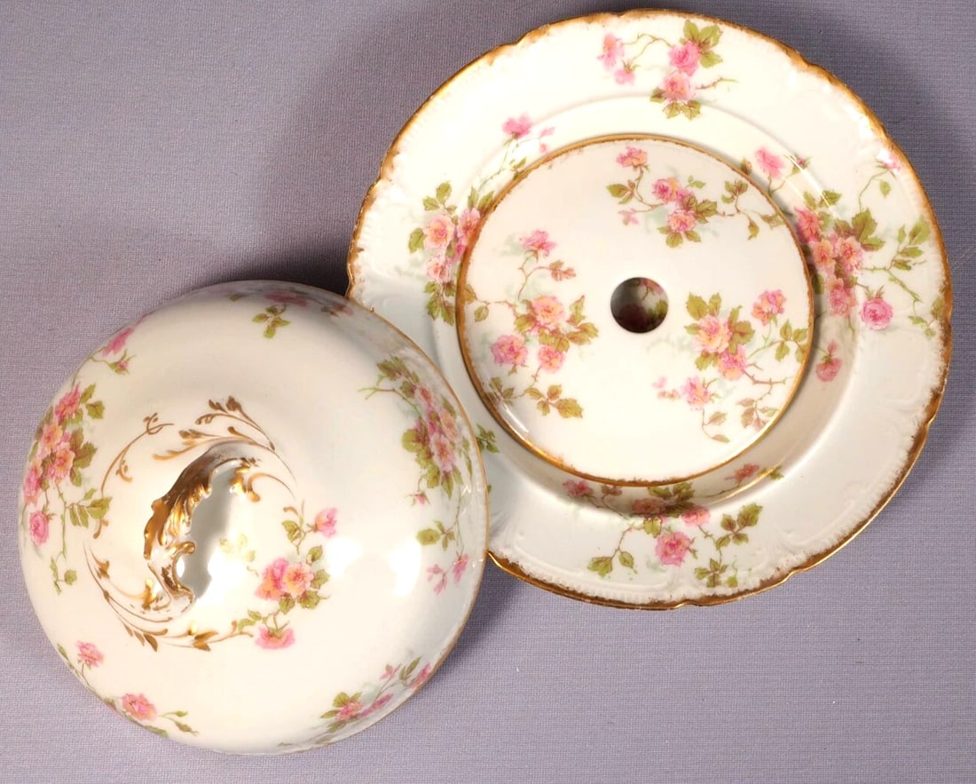 Limoges France Pink CHField Haviland 3 Piece Butter Dish Dome CHF774: This is rare and gorgeous 3 pieces Butter dish. The dish was made in Limoges, France by GDA Haviland . The pattern features pink flowers probably clematis on vines. It has a luxurious gold rim. The