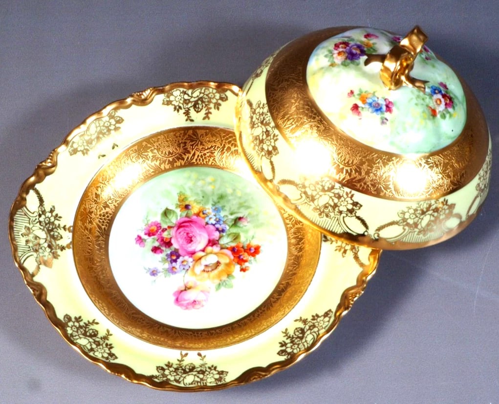 Krautheim Selb Bavaria Encrusted Butter Cheese Dish Domed Lid RARE SHAPE: This is one gorgeous, rare shape Cheese or butter Dish, from the famous baroque collection made by Krautheim Selb Bavaria. The pattern is very beautiful, with luxurious gold scrolls and flowers on a p