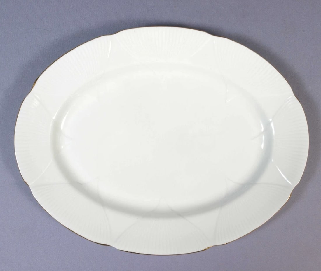 Royal Albert CORONET Oval Serving Platter Gold white England: This is a gorgeous Bone China LARGE Oval Platter from the Coronet pattern by Royal Albert - Made in England. The pieces of this pattern are embossed on snow-white background and gold rim. The pattern 