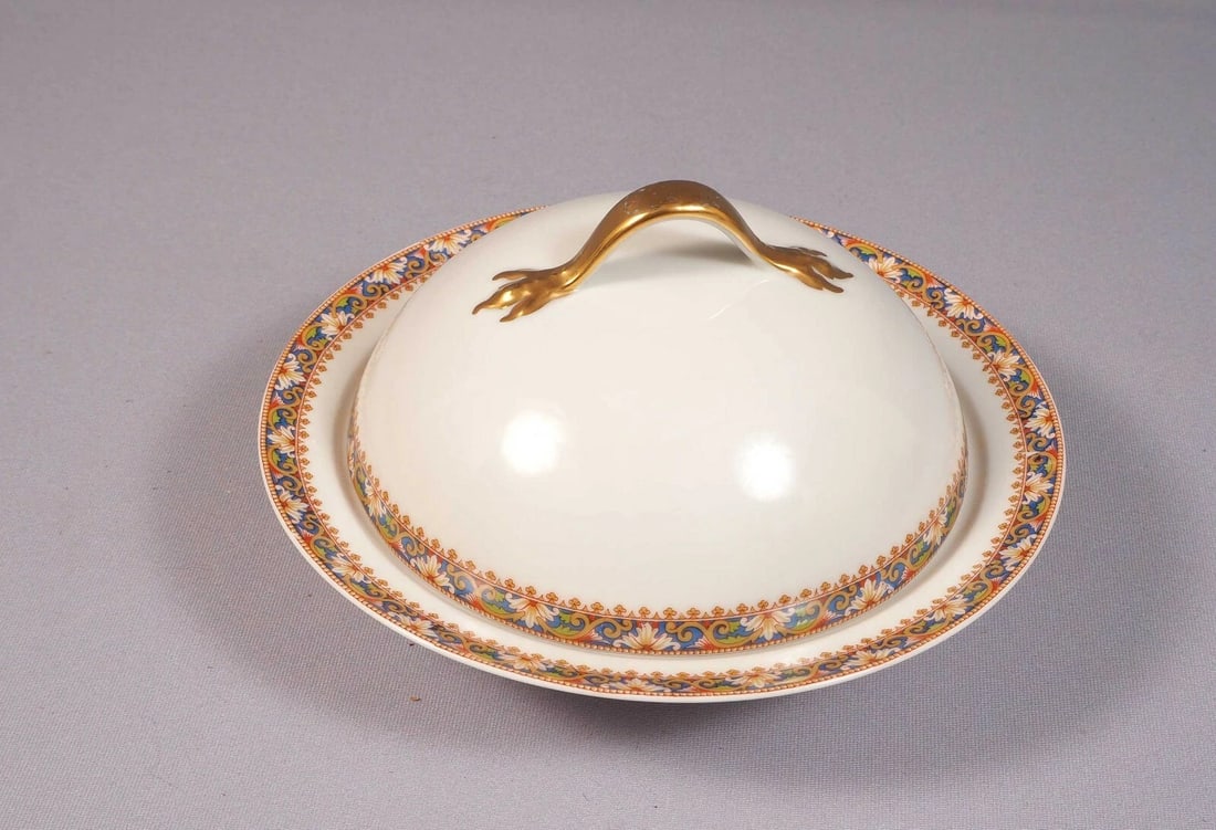 Limoges T&V Tressemann & Vogt France Pink 3 Piece Butter Dish Dome: This is rare and gorgeous 3 pieces Butter dish. The dish was made in Limoges, France by Tressemann & Vogt (T&V) . The dish is 7 1/4" diameter and 4 1/4" tall to the end of the finial (with the under p