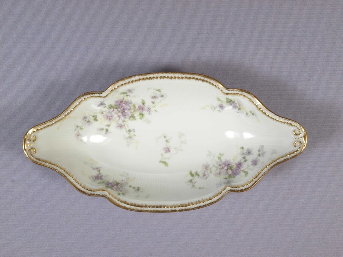 Limoges CHField Haviland GDA France Oval Tray Platter Nut Dish Purple Flowers: This is a vintage Oval Serving Tray/Dish. It is made in CH Field GDA Haviland in Limoges, France. The tray is 8 3/4" by 4 1/2" at the rim and 1 5/8" deep. It is in good used antique condition with no 