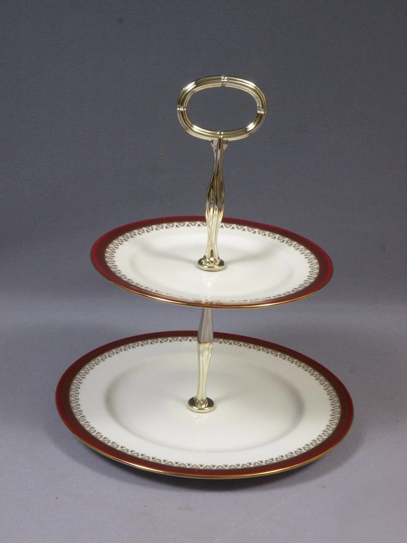 Paragon Royal Albert HOLYROOD tiered Cake Stand Dish Snack Cookie Tray England: This is one exceptional 2 tier Cake Stand/Cookie Tray made by Royal Paragon/Royal Albert, England. The platter is in the Holyrood pattern. The pattern has gold rim and filigree on red band. It is