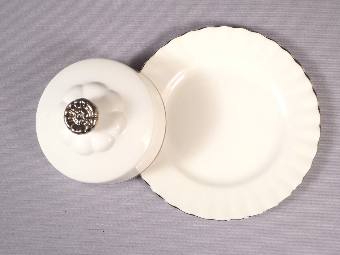 Royal Albert CHANTILLY Butter Dish Domed Lid Under Plate Silver Platinum England - 2