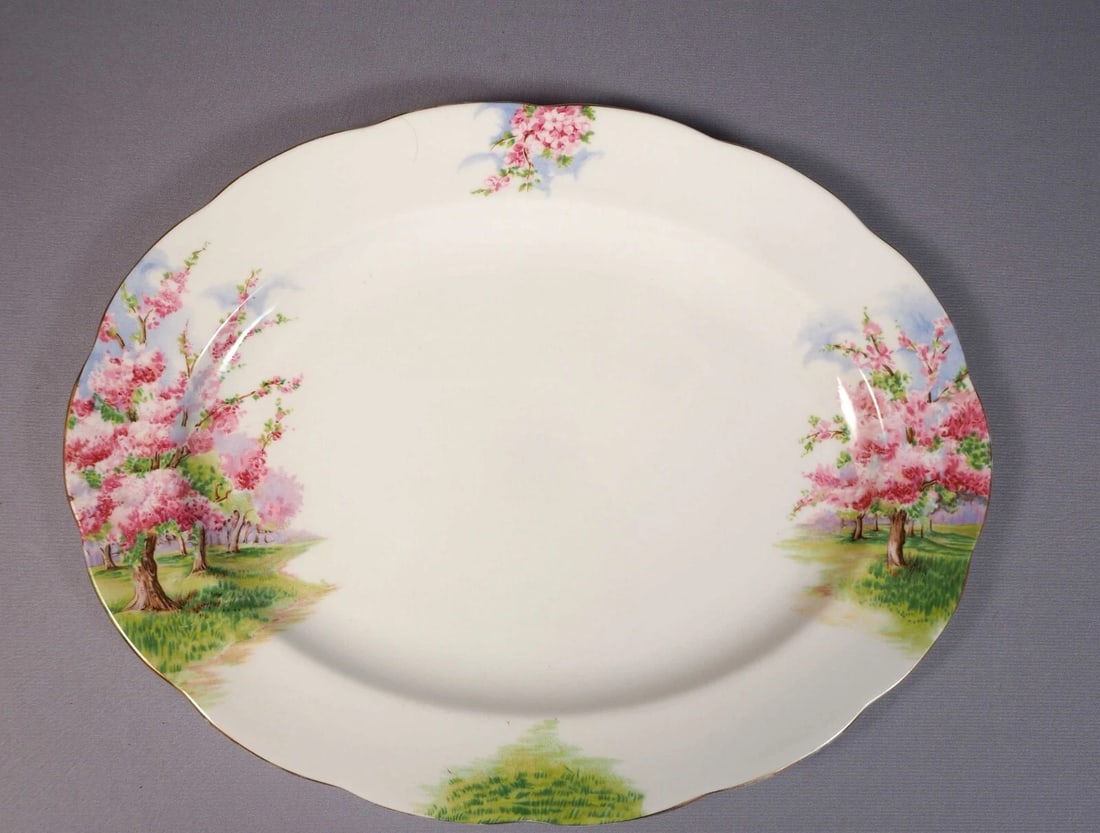 Royal Albert Blossom Time Oval Serving Platter England 12 7/8": This is a Large Bone China Oval Platter, from the famous Blossom time Collection. The platter is made by Royal Albert in England. It is properly marked with Royal Albert back stamp. It is made between