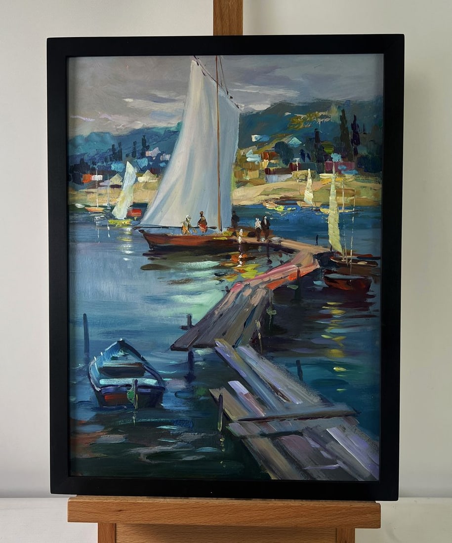 Oil painting The beginning of the sea journey Yuriy Suprunchuk: Title: Oil painting The beginning of the sea journey Yuriy Suprunchuk Description: AAA5493The Oil painting on Cardboard titled The beginning of the sea journey captures a scene that is at once