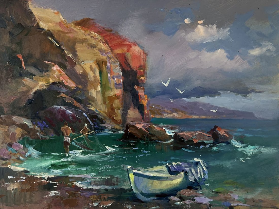 Oil painting Fishermen pull their nets into the sea Yuriy Suprunchuk - 3