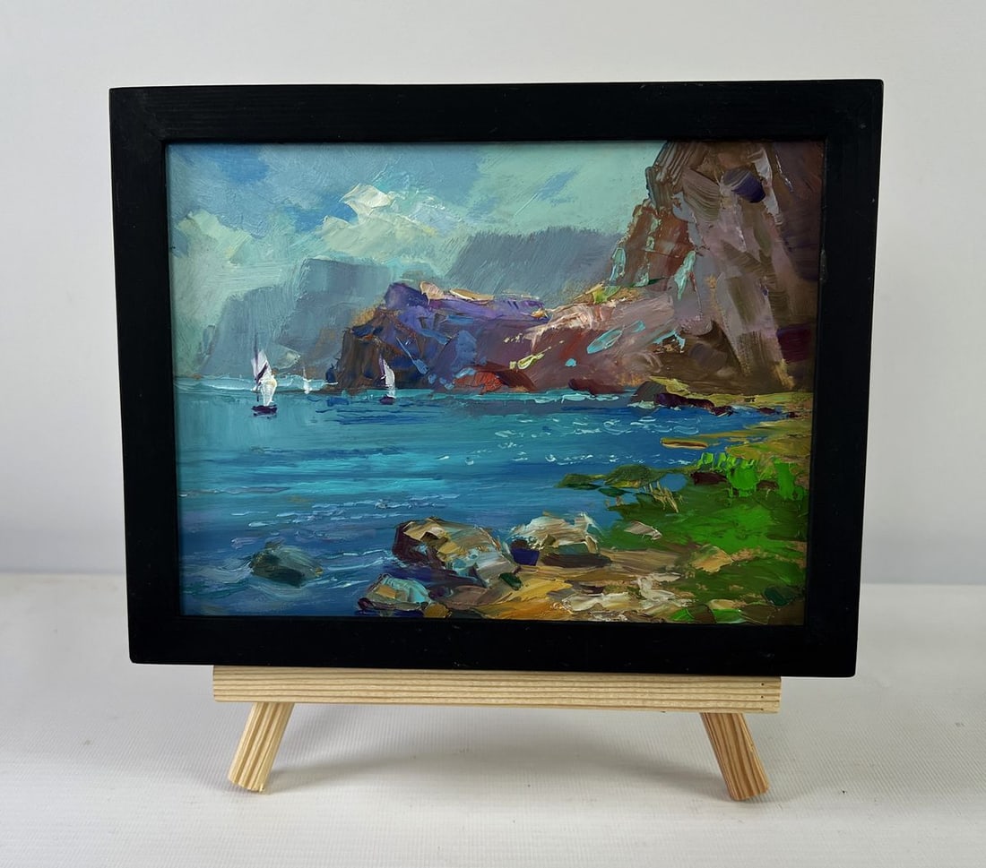Oil painting Sailboats on the sea Yuriy Suprunchuk: Title: Oil painting Sailboats on the sea Yuriy Suprunchuk Description: AAA5520The Oil painting on Cardboard titled Sailboats on the sea presents a vivid and captivating seascape, where the interplay o