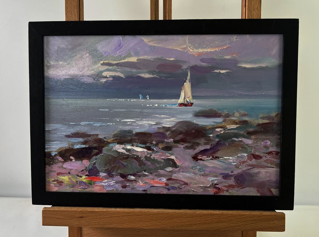 Oil painting Sailboat over blue waves Yuriy Suprunchuk: Title: Oil painting Sailboat over blue waves Yuriy Suprunchuk Description: AAA5534The Oil painting on Cardboard titled Sailboat over blue waves is a deeply atmospheric seascape that captures both the 