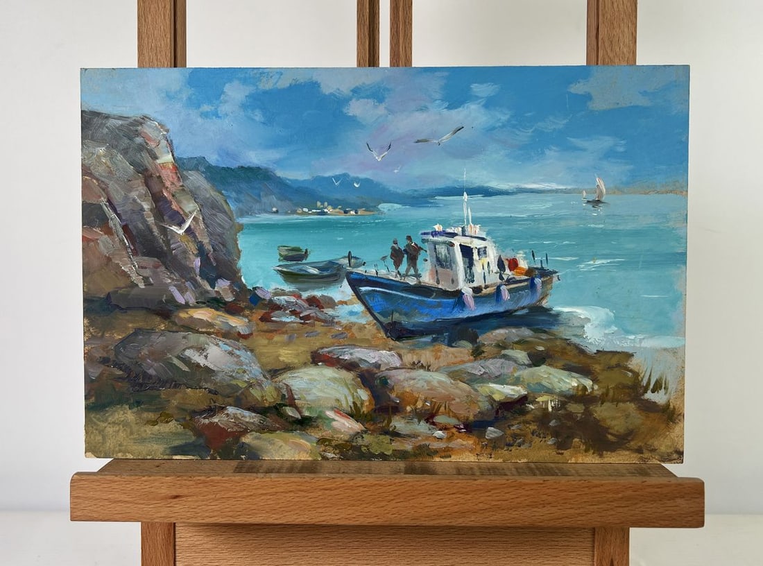 Oil painting Boat on the horizon Yuriy Suprunchuk: Title: Oil painting Boat on the horizon Yuriy Suprunchuk Description: AAA4267The oil painting on Cardboard titled "Boat on the Horizon" presents a vivid and textured depiction of coastal life, capturi