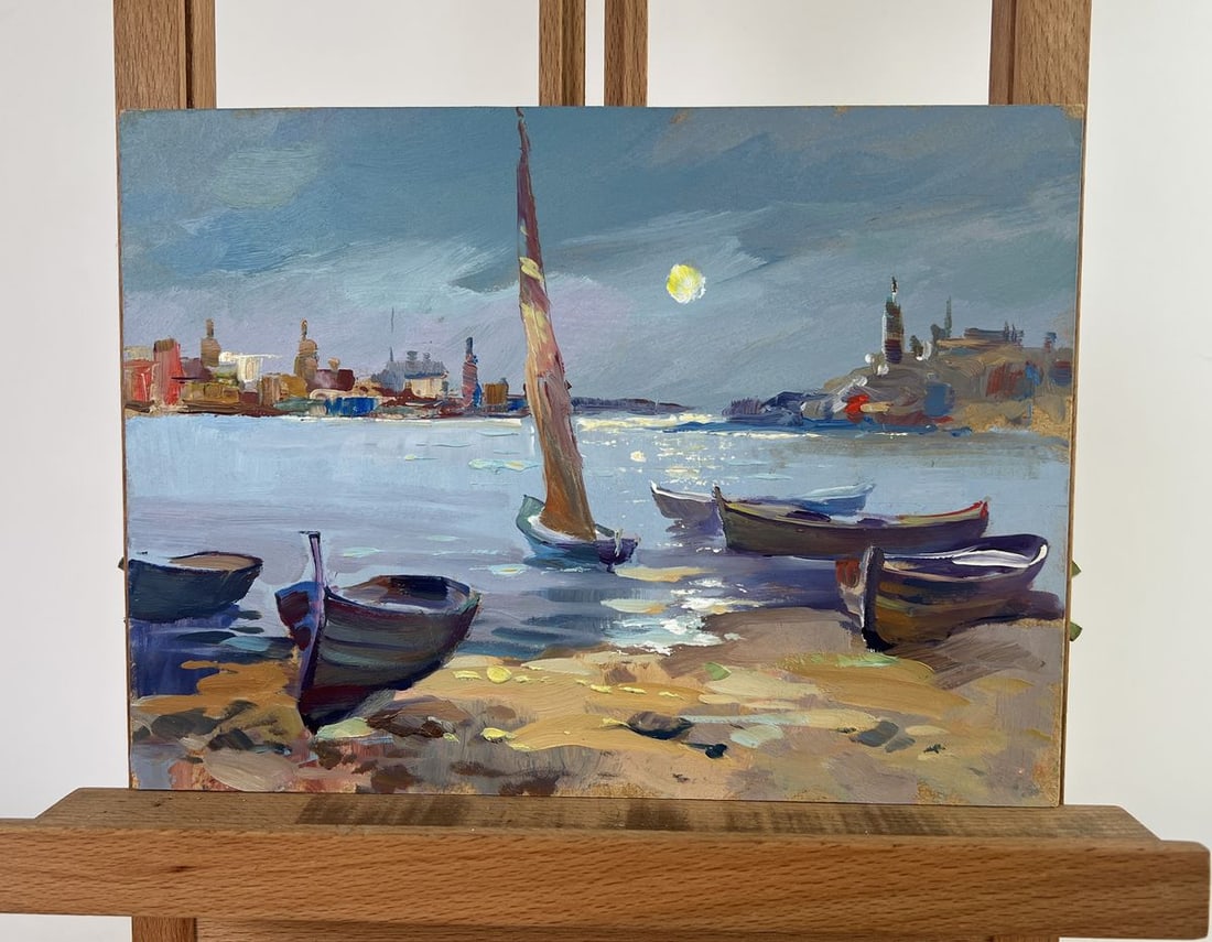 Oil painting Boats under the moon Yuriy Suprunchuk: Title: Oil painting Boats under the moon Yuriy Suprunchuk Description: AAA4392The oil painting on Cardboard titled "Boats under the Moon" captures a poetic and tranquil moment along a coastal harbor, 