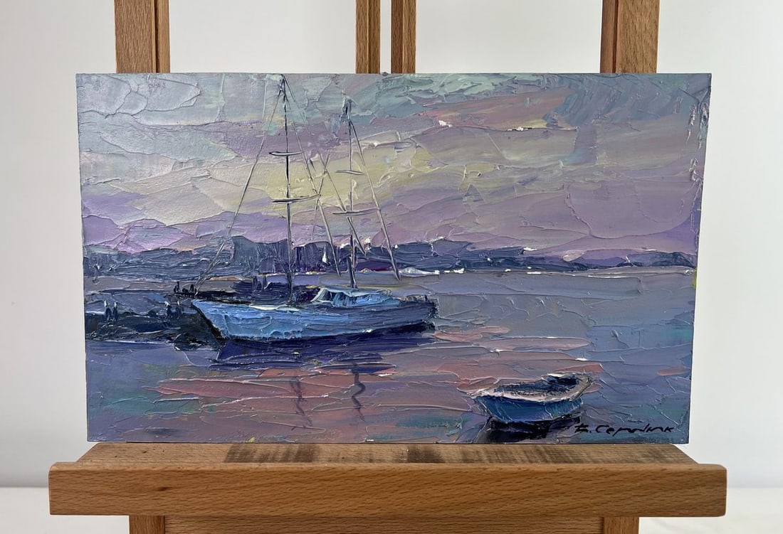 Oil painting Yacht in the colors of the evening sky Boris Serdyuk: Title: Oil painting Yacht in the colors of the evening sky Boris Serdyuk Description: AAA4774The oil painting on Cardboard titled "Yacht in the colors of the evening sky" captures the serene beauty of