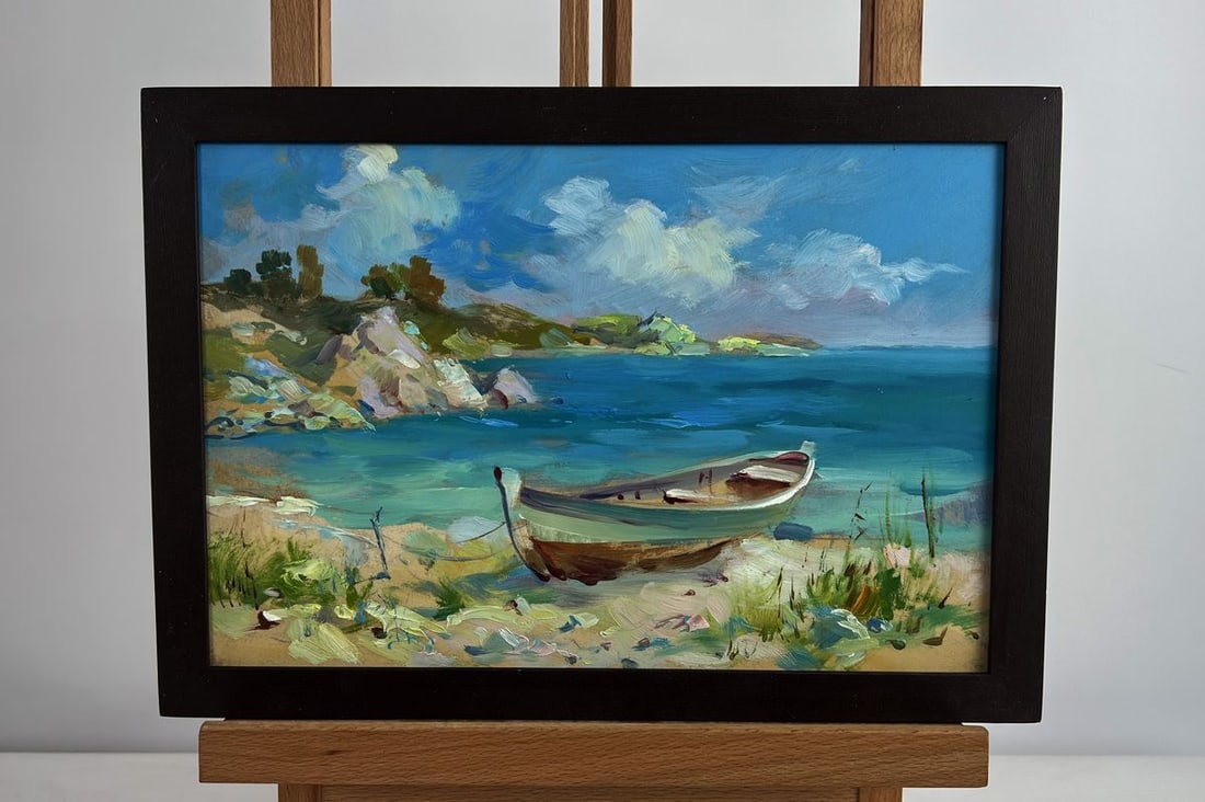 Oil painting Boat on the seashore Yuriy Suprunchuk: Title: Oil painting Boat on the seashore Yuriy Suprunchuk Description: AAA4981The oil painting on cardboard titled "Boat on the Seashore" depicts a serene and sunlit coastal scene, capturing the essen