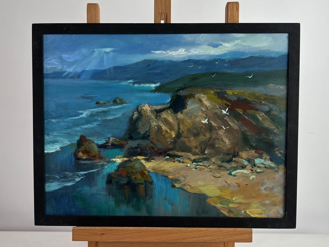 Oil painting Sunlight through the clouds Yuriy Suprunchuk: Title: Oil painting Sunlight through the clouds Yuriy Suprunchuk Description: AAA4989The oil painting on cardboard titled "Sunlight through the Clouds" captures a breathtaking coastal landscape where 