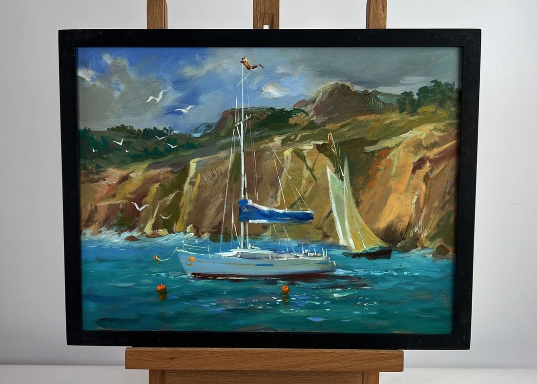 Oil painting Sailing away on a yacht Yuriy Suprunchuk: Title: Oil painting Sailing away on a yacht Yuriy Suprunchuk Description: AAA4997The oil painting on cardboard titled "Sailing away on a yacht" captures a fleeting yet powerful moment in the life of t