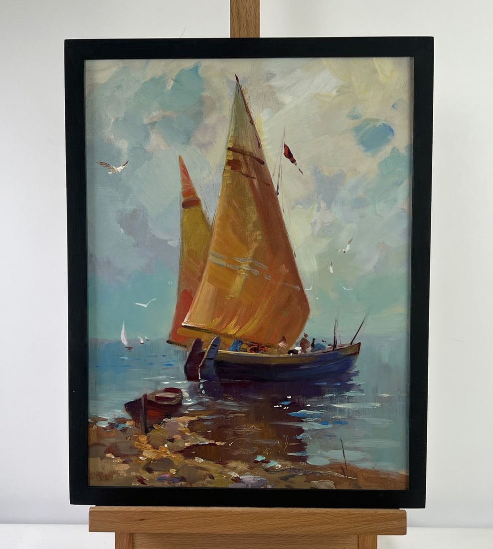 Oil painting Lonely boat in the waves Yuriy Suprunchuk: Title: Oil painting Lonely boat in the waves Yuriy Suprunchuk Description: AAA5178The oil painting on Cardboard titled "Lonely Boat in the Waves" presents a striking maritime scene, infused with both 