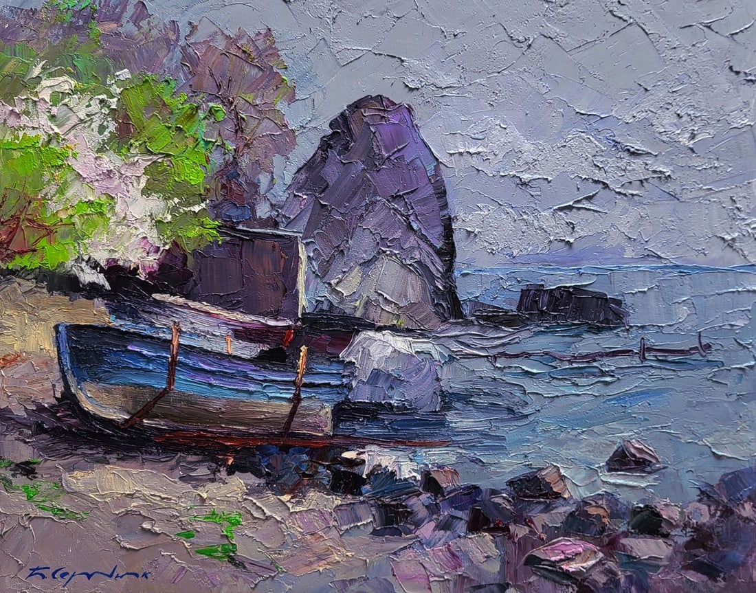 Oil painting Calm of a sea morning Boris Serdyuk: Title: oil painting Calm of a sea morning Boris Serdyuk Description: SERB 1215The Oil painting on Canvas titled Calm of a sea morning captures a moment of serene stillness along a quiet coastline,