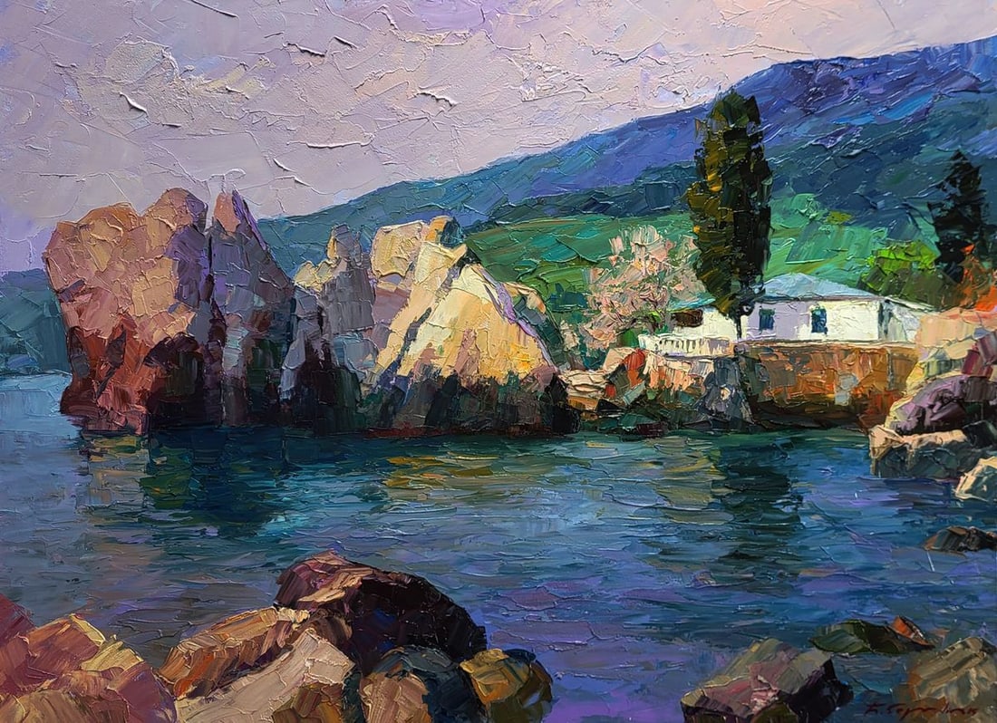 Oil painting Morning at sea Boris Serdyuk: Title: oil painting Morning at sea Boris Serdyuk Description: SERB 1219The Oil painting on Canvas titled Morning at sea conveys the fresh stillness and gentle awakening of nature along a rugged