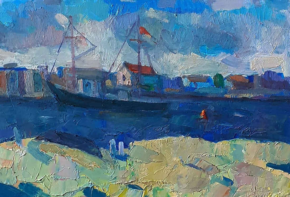Oil painting Thin summer sea strait Pavel Dobrev: Title: Oil painting Thin summer sea strait Pavel Dobrev Description: Dobr 893The Oil painting on Cardboard titled Thin summer sea strait conveys the tranquil atmosphere of a coastal landscape infused 