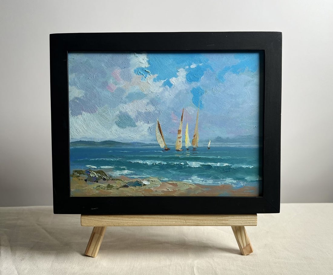 Oil painting Sailboats at sea Yuriy Suprunchuk: Title: Oil painting Sailboats at sea Yuriy Suprunchuk Description: AAA4149This oil painting titled "Sailboats at Sea," depicts a picturesque maritime scene characterized by vivid colors and a serene a