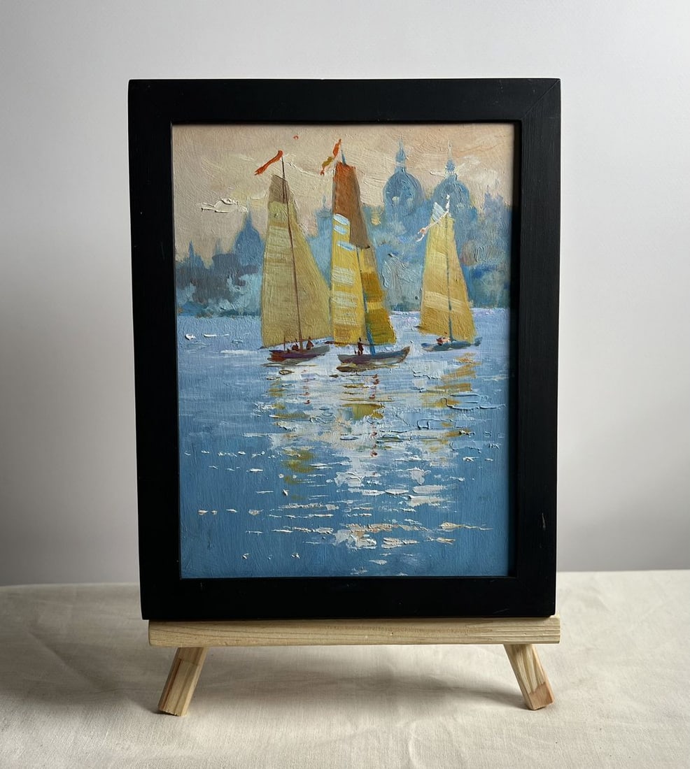 Oil painting Three sailboats in the evening Yuriy Suprunchuk: Title: Oil painting Three sailboats in the evening Yuriy Suprunchuk Description: AAA4155This oil painting titled "Three Sailboats in the Evening," portrays a tranquil yet captivating scene of three