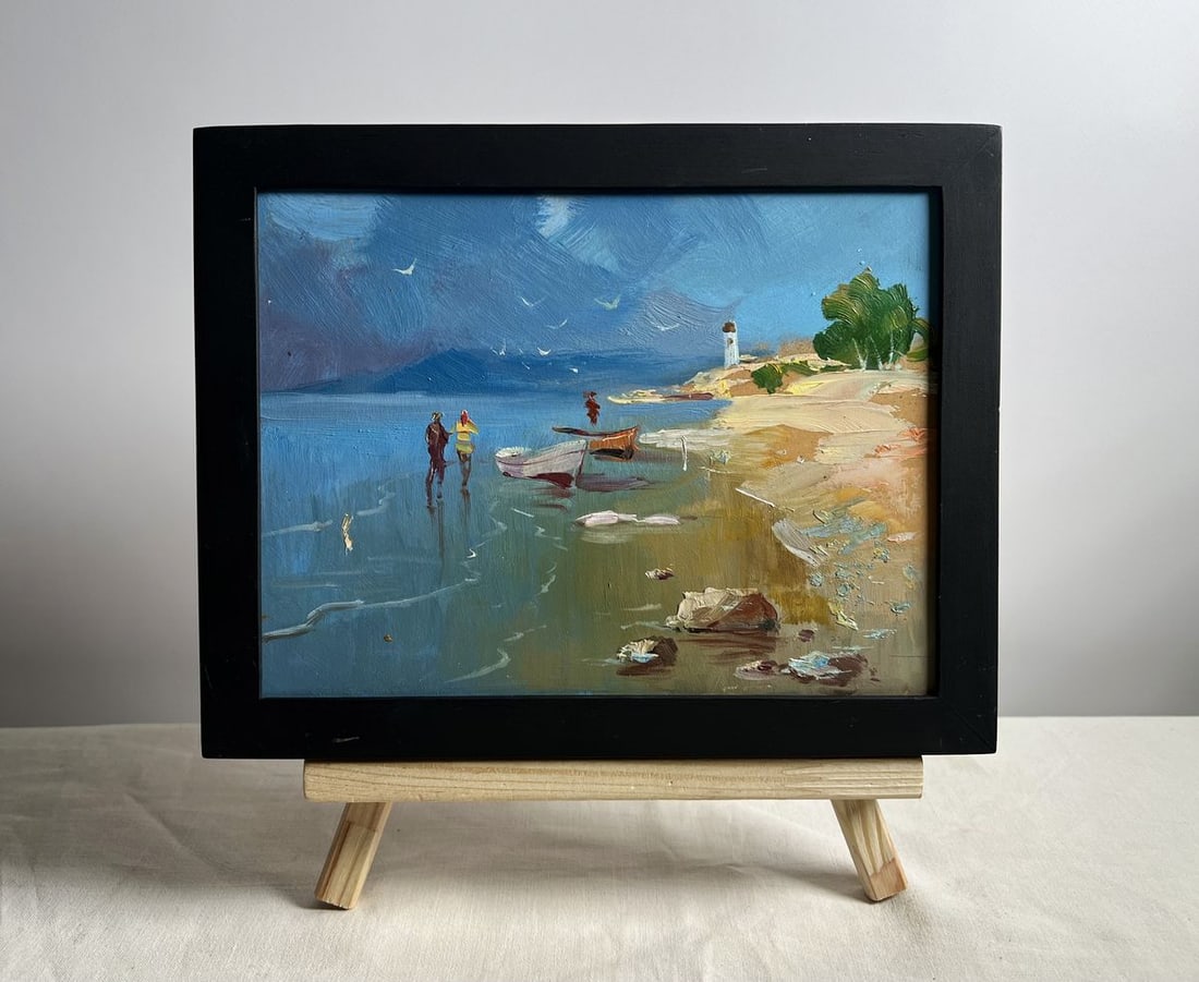 Oil painting Warm days at sea Yuriy Suprunchuk: Title: Oil painting Warm days at sea Yuriy Suprunchuk Description: AAA4156This oil painting titled "Warm Days at Sea," depicts a tranquil coastal scene imbued with a sense of leisure and connection to