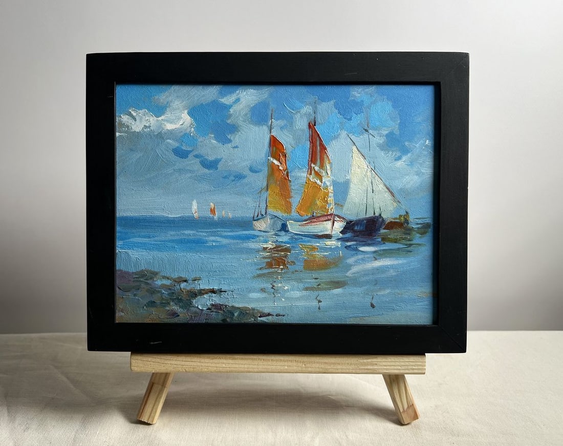 Oil painting On a journey by sea Yuriy Suprunchuk: Title: Oil painting On a journey by sea Yuriy Suprunchuk Description: AAA4158This oil painting titled "On a Journey by Sea," radiates vibrancy and a sense of adventure as it captures a fleet of colorf
