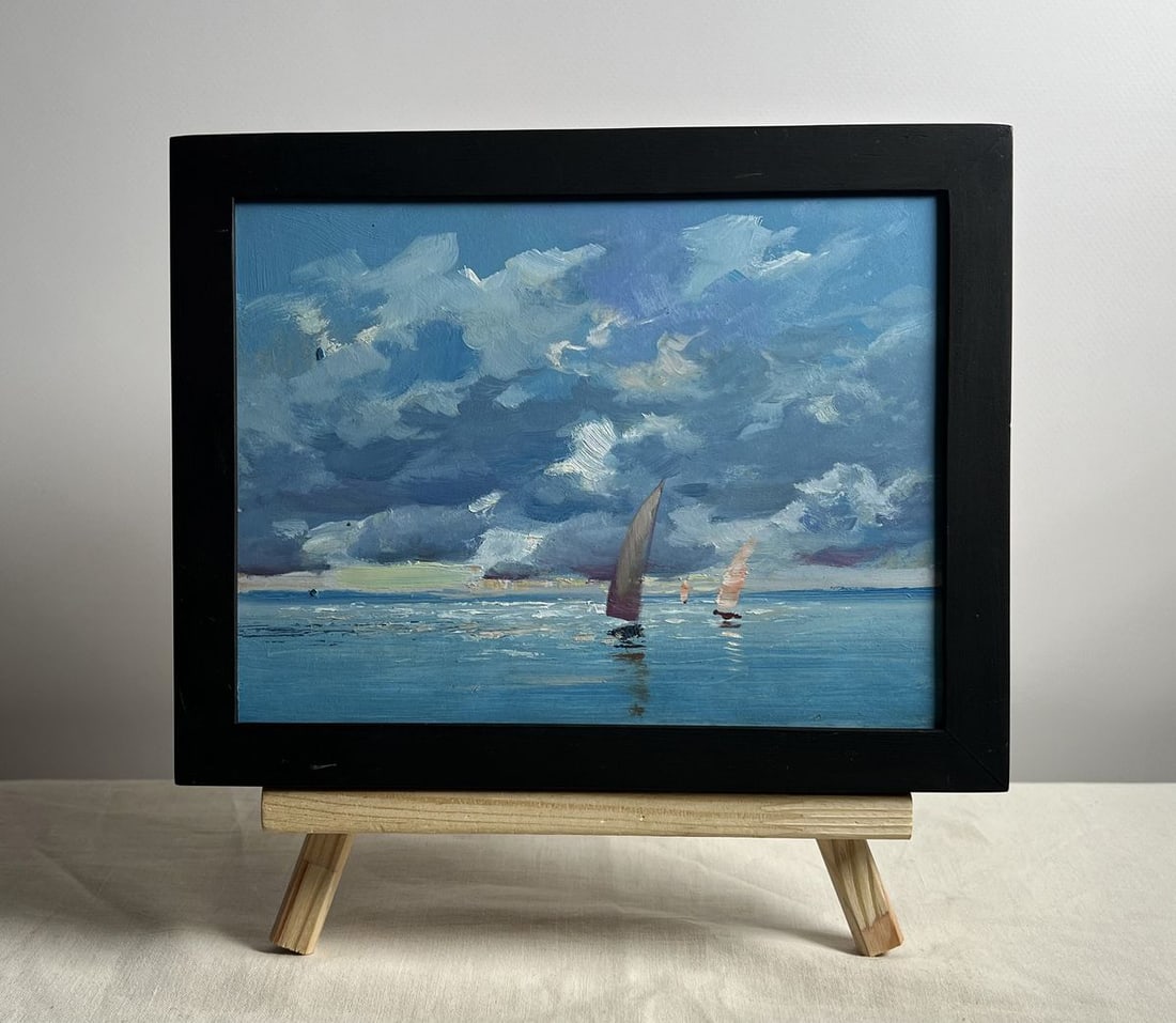 Oil painting The sun behind the clouds Yuriy Suprunchuk: Title: Oil painting The sun behind the clouds Yuriy Suprunchuk Description: AAA4161This oil painting titled "The Sun Behind the Clouds," captures a striking and dynamic maritime scene where dramatic s