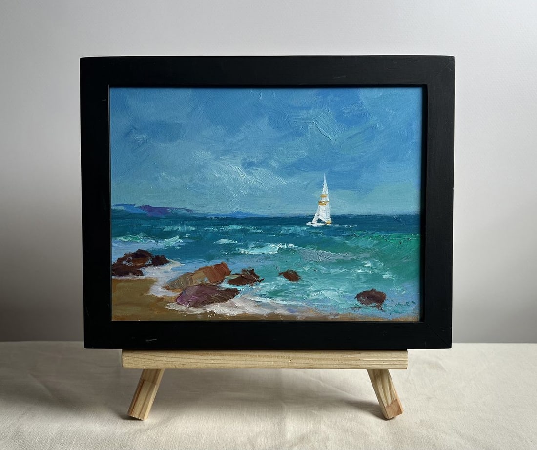 Oil painting A lonely sailboat at sea Yuriy Suprunchuk: Title: Oil painting A lonely sailboat at sea Yuriy Suprunchuk Description: AAA4162This oil painting titled "A Lonely Sailboat at Sea," portrays a serene and contemplative coastal scene featuring a sol