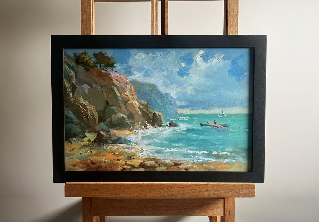 Oil painting Sailing to the shore on a boat Yuriy Suprunchuk: Title: Oil painting Sailing to the shore on a boat Yuriy Suprunchuk Description: AAA4166The painting titled "Sailing to the shore on a boat" depicts a dramatic seascape where the vast ocean meets a ru