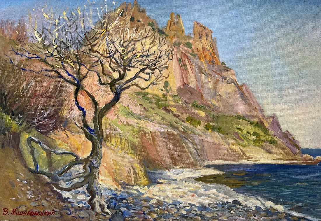 Oil painting View of the rocky coast V. Mishurovsky: Title: Oil painting View of the rocky coast V. Mishurovsky Description: 247"View of the Rocky Coast" by Viktor Myshurovsky captures the rugged beauty and enduring strength of nature through the portra