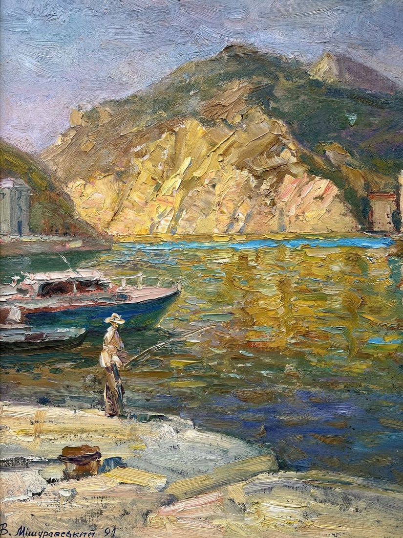 Oil painting Near the yacht club V. Mishurovsky: Title: Oil painting Near the yacht club V. Mishurovsky Description: 268In "Near the Yacht Club," Viktor Myshurovsky captures a serene scene by the water, where a lone fisherman stands on the shore