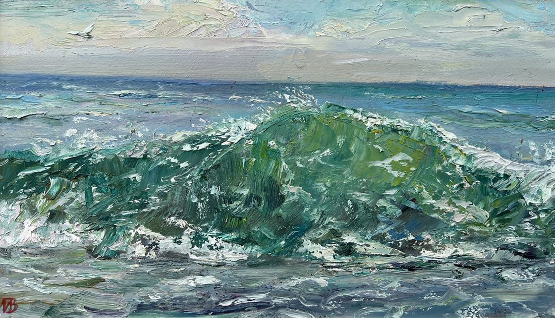 Oil painting Wave V. Mishurovsky: Title: Oil painting Wave V. Mishurovsky Description: 303In the painting "Wave," Viktor Myshurovsky captures the raw energy and movement of the sea. The artist's use of thick, textured brushstrokes